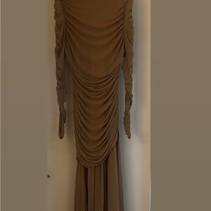 SHEIN Tan Long Sleeve Ruched Dress